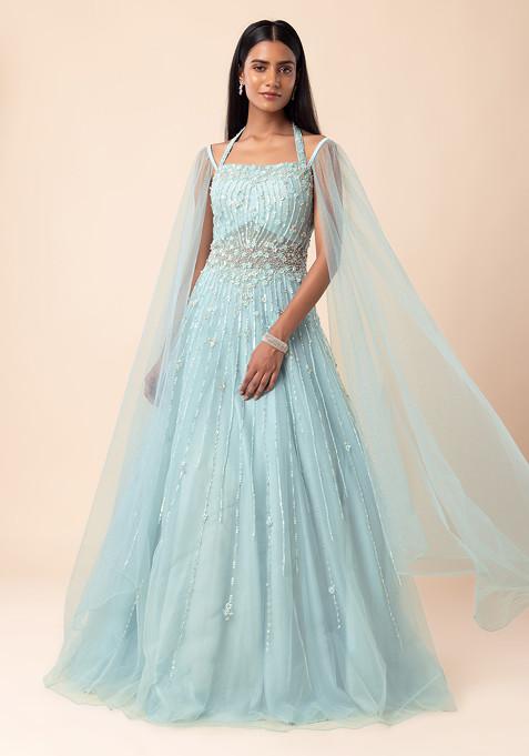 Seafoam Sequin And Bead Embellished Mesh Gown