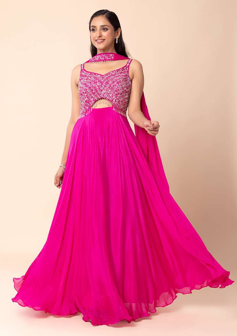 Fuchsia Pink Sequin Embellished Anarkali Gown With Dupatta - Indya