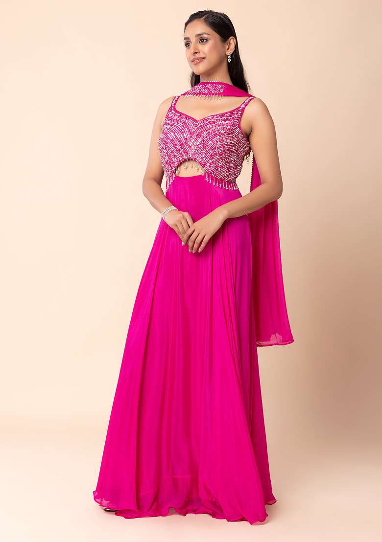 Fuchsia Pink Sequin Embellished Anarkali Gown With Dupatta - Indya