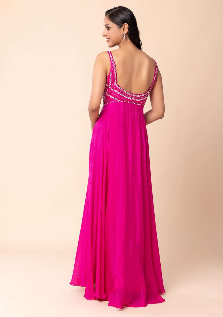 Fuchsia Pink Sequin Embellished Anarkali Gown With Dupatta - Indya