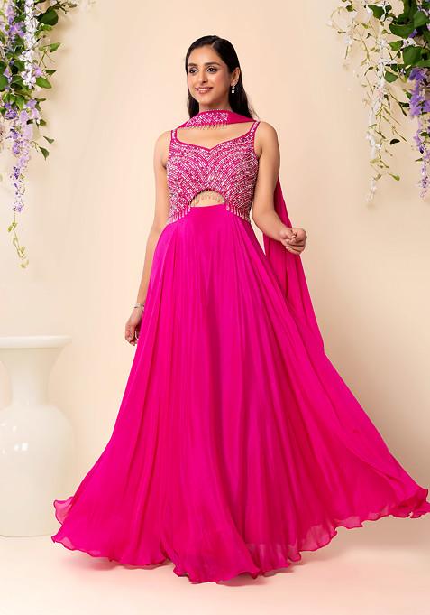 Fuchsia Pink Sequin Embellished Anarkali Gown With Dupatta