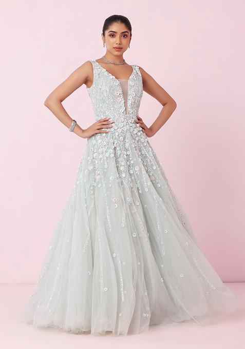 Seafoam Floral Jaal Embroidered Mesh Gown