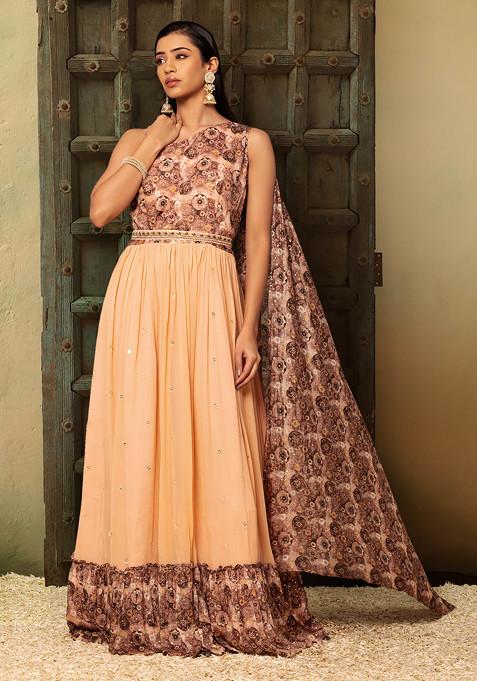 Peach Floral Abstract Print Anarkali Gown With Attached Dupatta And Belt