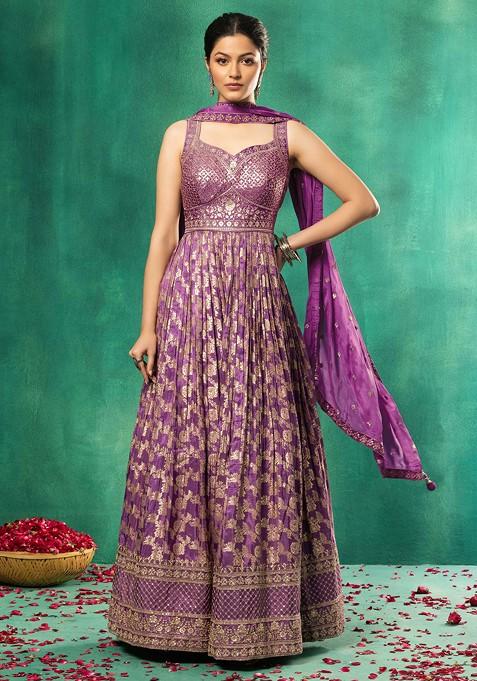 Mauve Sequin Embroidered Jacquard Anarkali Gown With Dupatta