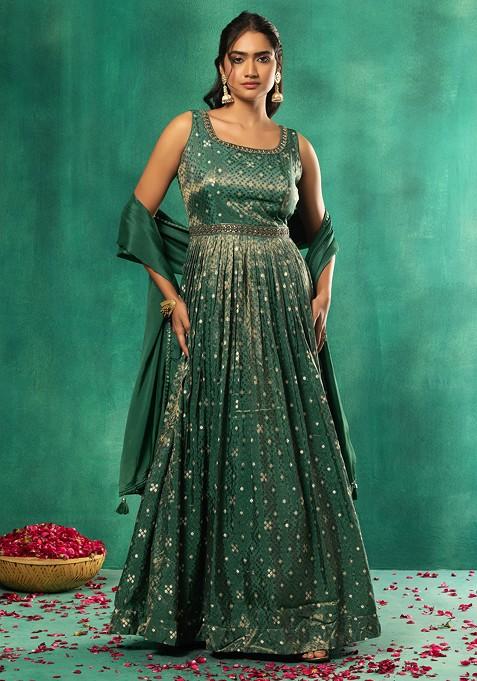 Turquoise Sequin Embroidered Jacquard Anarkali Gown With Dupatta