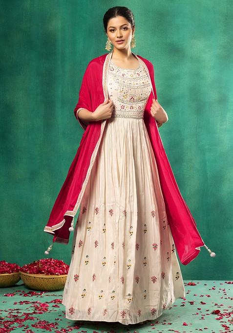 Ivory Multicolour Floral Mirror And Thread Embroidered Anarkali Gown With Dupatta