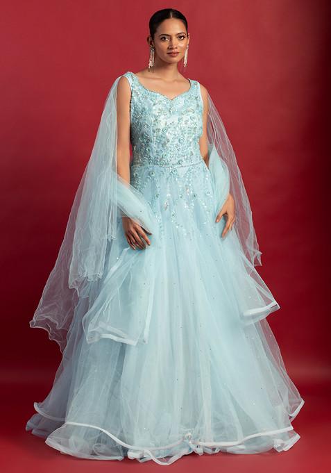 Powder Blue Floral Sequin Embellished Mesh Gown With Dupatta