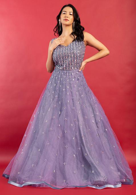 Purple Sequin Embellished Mesh Gown