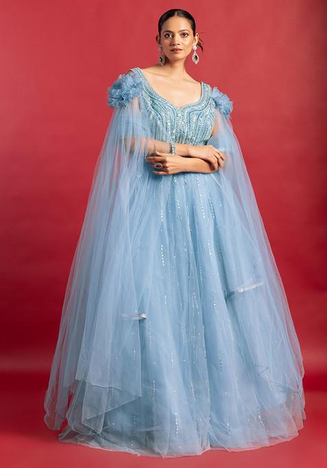 Powder Blue Sequin Swarovski Embellished Mesh Gown