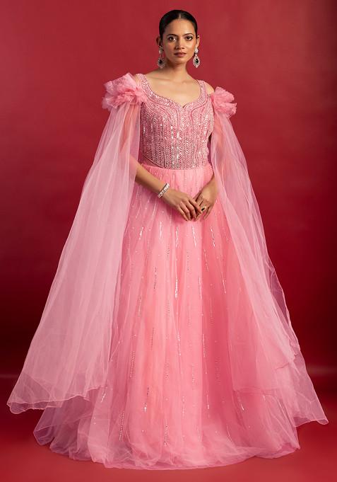 Powder Pink Sequin Swarovski Embellished Mesh Gown
