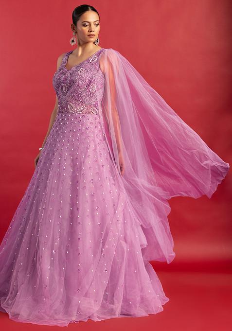 Mauve Floral Bead Embellished Mesh Gown