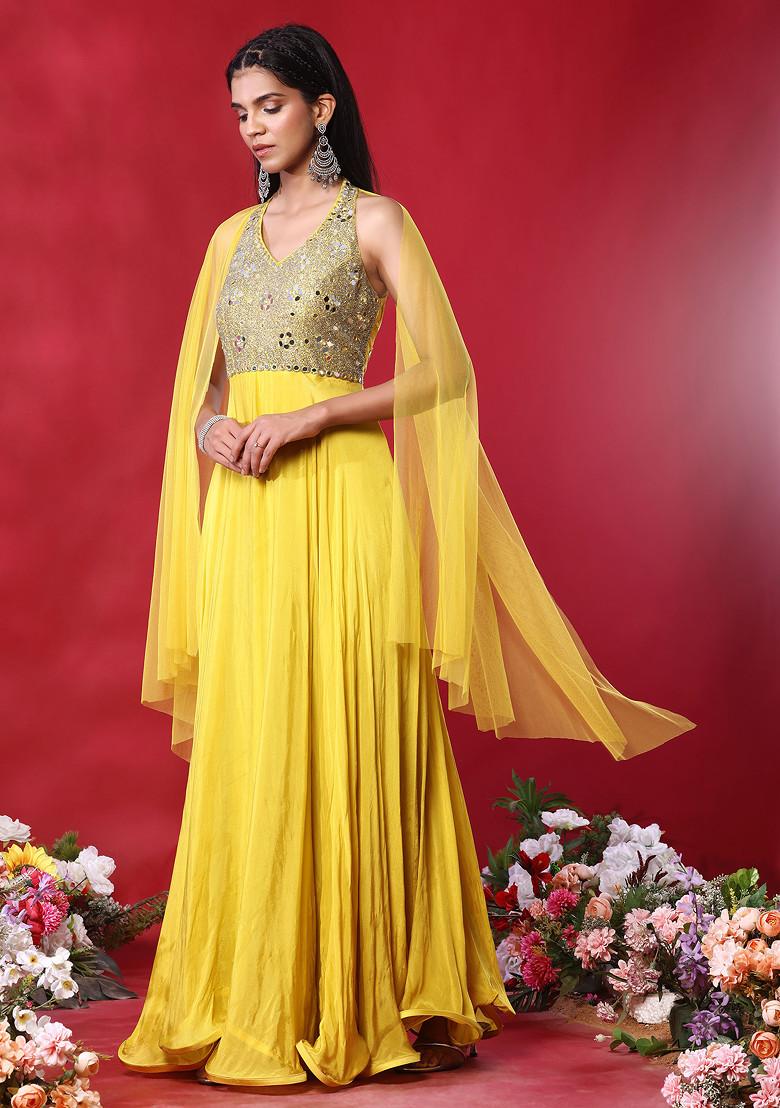 Buy Women Mustard Mirror Embellished Halter Neck Anarkali Kurta With Dupatta Anarkali Suits Indya