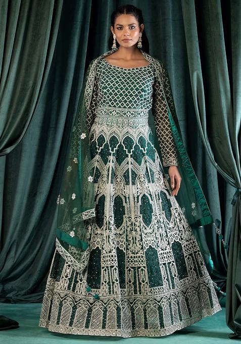 Deep Green Dori Work Embellished Anarkali With Dupatta