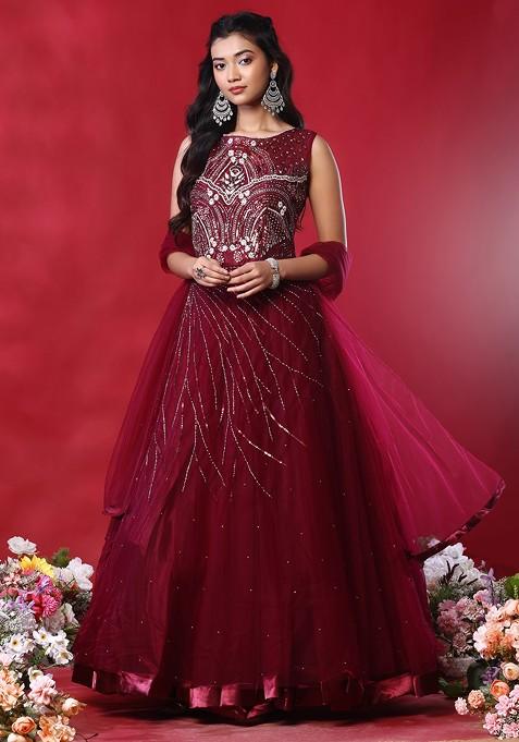 Wine Abstract Sequin Embellished Gown With Dupatta