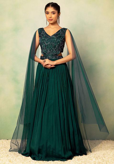Emerald Green Pearl Embellished Side Cut Out Gown