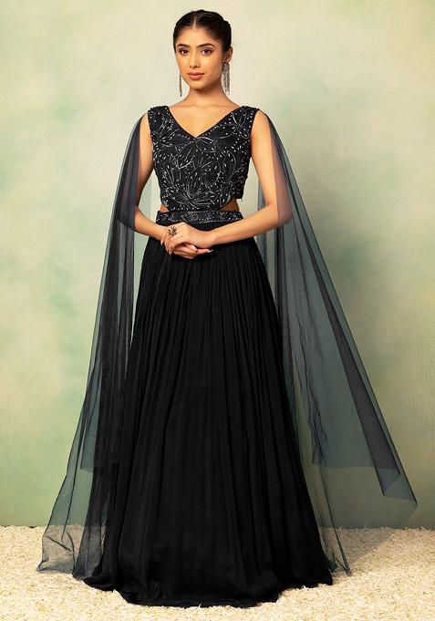 Black Pearl Embellished Side Cut Out Gown