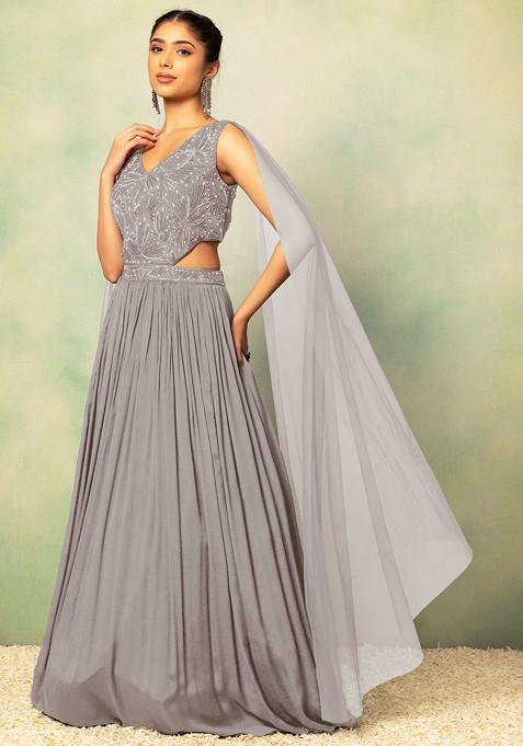 Grey Pearl Embellished Side Cut Out Gown