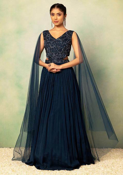 Blue Pearl Embellished Side Cut Out Gown