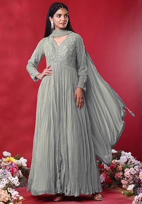 Grey Floral Bead Hand Embroidered Anarkali Kurta With Dupatta