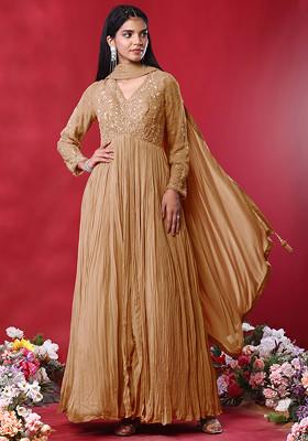 Beige Floral Bead Hand Embroidered Anarkali Kurta With Dupatta
