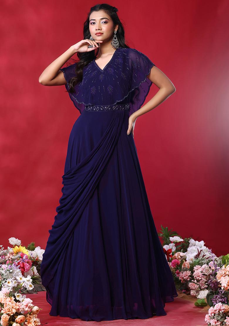 Buy Women Indigo Blue Bead Hand Embroidered Gown - ILG00173 - Rang ...