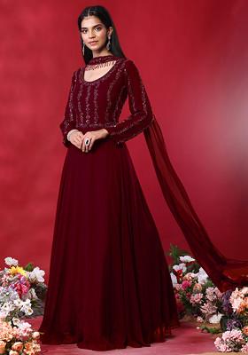 Crimson Red Hand Embroidered Anarkali Kurta With Choker Dupatta