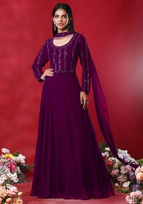 Wine Hand Embroidered Anarkali Kurta With Choker Dupatta