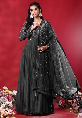 Charcoal Black Floral Hand Embroidered Anarkali Kurta With Dupatta