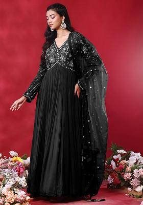 Black Floral Hand Embroidered Anarkali Kurta With Dupatta
