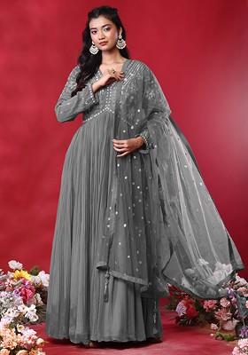 Light Grey Floral Hand Embroidered Anarkali Kurta With Dupatta