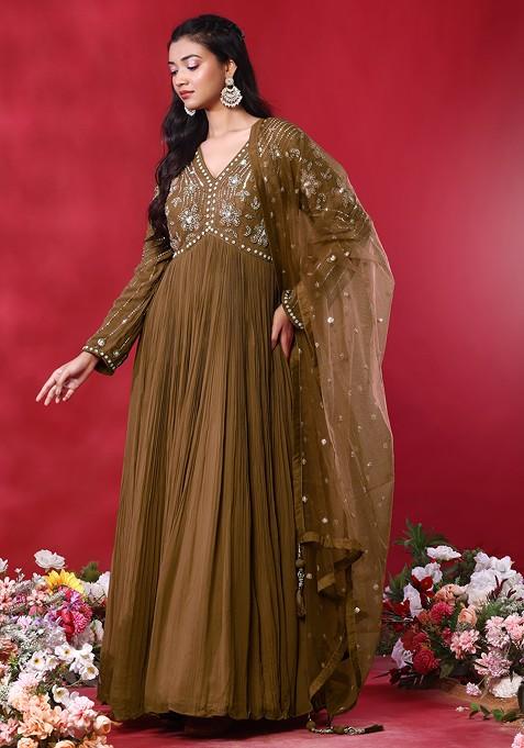 Copper Floral Hand Embroidered Anarkali Kurta With Dupatta