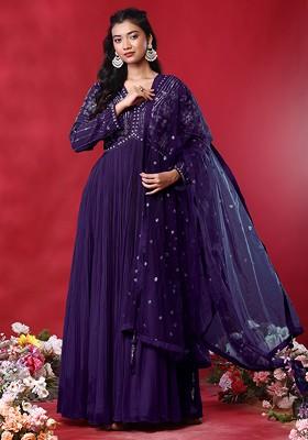 Purple Floral Hand Embroidered Anarkali Kurta With Dupatta
