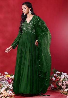 Emerald Green Floral Hand Embroidered Anarkali Kurta With Dupatta