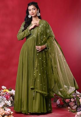 Olive Green Floral Hand Embroidered Anarkali Kurta With Dupatta