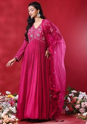 Rani Pink Floral Hand Embroidered Anarkali Kurta With Dupatta