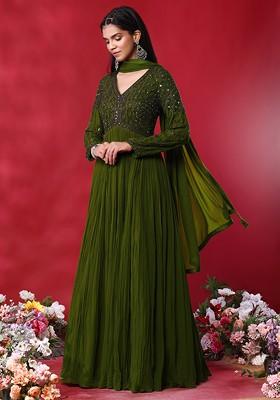 Olive Green Bead Hand Embroidered Anarkali Kurta With Dupatta