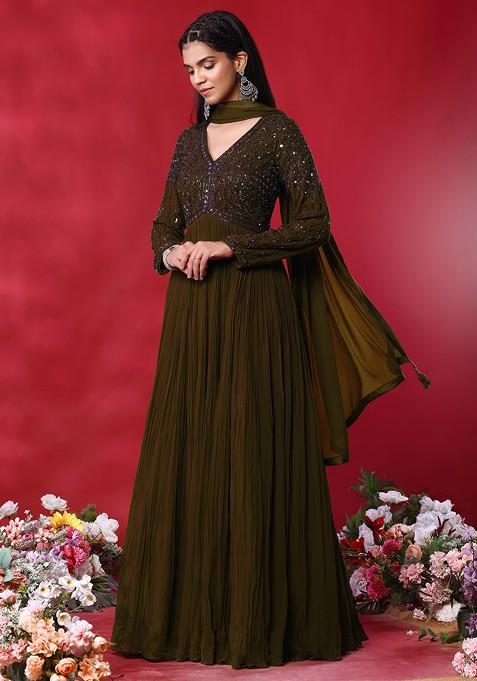 Beige Embroidered Anarkali Kurta with Net Dupatta