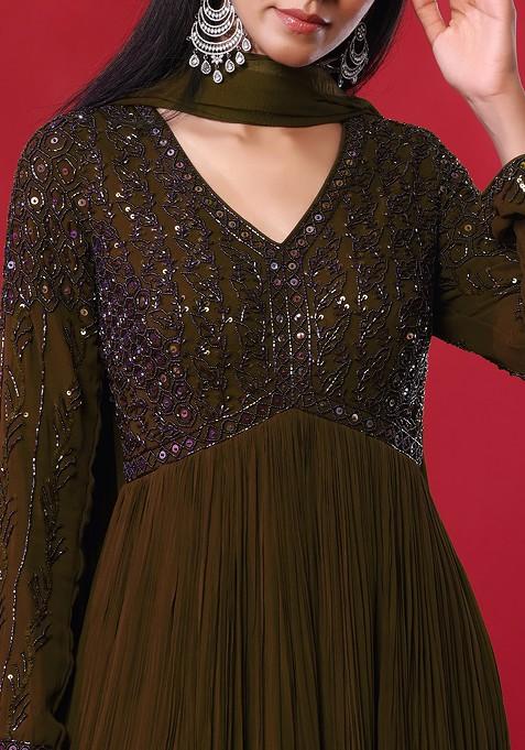 Multicolor Abstract Printed Beaded Anarkali Kurta, Leggings and Dupatta Set