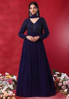 Indigo Blue Bead Hand Embroidered Anarkali Kurta With Dupatta