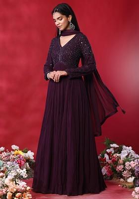 Dark Purple Bead Hand Embroidered Anarkali Kurta With Dupatta