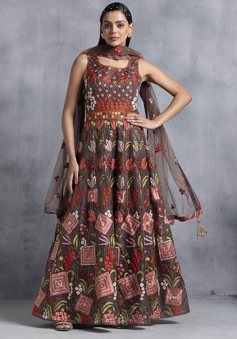 Brown Multicolour Floral Thread Embroidered Anarkali With Dupatta