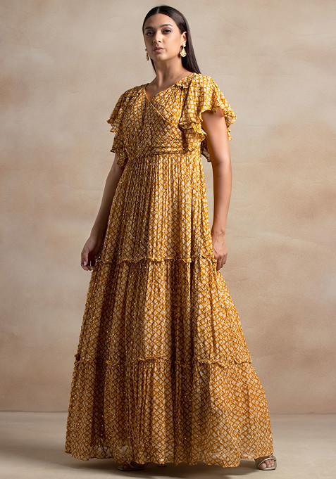 Mustard Yellow Printed Sequin Embellished Anarkali