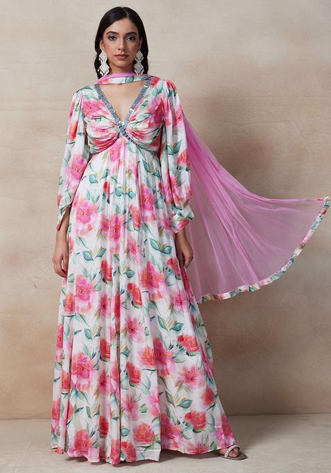 Pink Mirror Embellished Floral Print Anarkali Gown With Mesh Dupatta