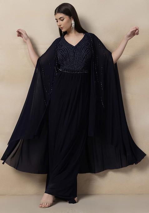 Navy Blue Cutdana Embellished Anarkali Gown And Dupatta