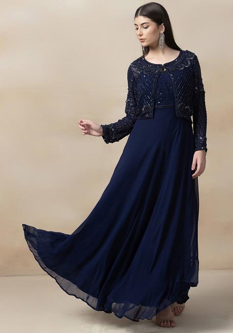 Navy Sequin Embellished Anarkali Gown And Sequin Embellished Jacket