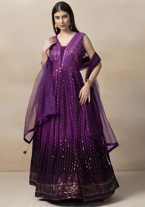 Purple Sequin Embellished Anarkali Gown And Embellished Mesh Dupatta