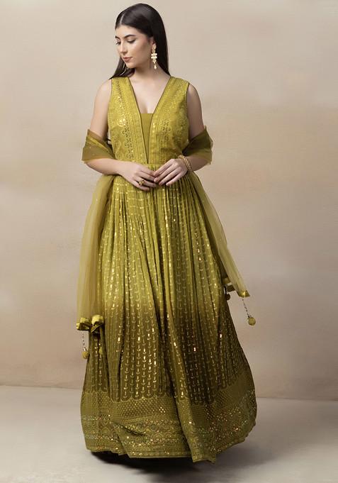 Lime Green Sequin Embellished Anarkali Gown And Embellished Mesh Dupatta