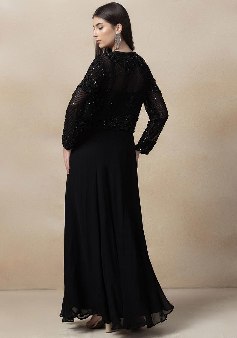 Black Sequin Embellished Anarkali Gown With Embellished Jacket