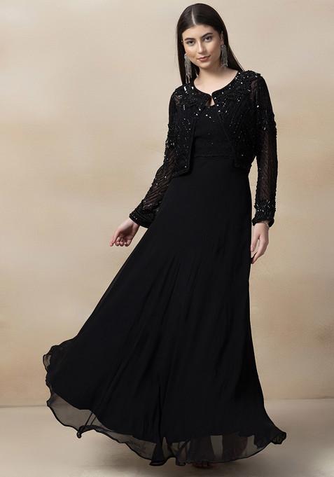 Black Sequin Embellished Anarkali Gown With Embellished Jacket