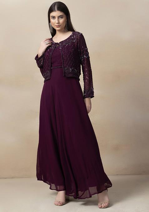 Maroon Sequin Embellished Anarkali Gown With Embellished Jacket